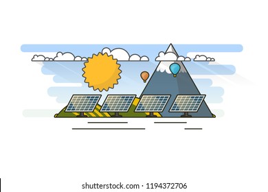 Ecology Concept, Banner Template in Flat Style. Vector Illustration. Solar Panels, Green Energy Technology. 