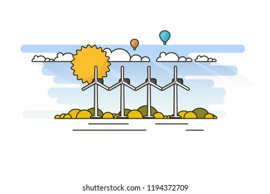 Ecology Concept, Banner Template in Flat Style. Vector Illustration. Wind Turbines, Green Energy Technology. 