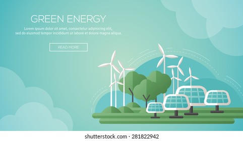 Concepto de ecología, plantilla de pancarta en estilo plano. Ilustración vectorial. Paneles solares y turbinas eólicas, tecnología de energía verde. 