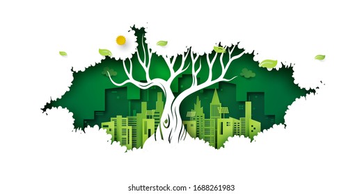 Ecology concept with big tree and green eco city background.Environment conservation resource sustainable.Vector illustration.