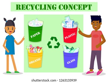 Ecology concept. Boy and girl pointing to garbage cans. Environmental protection and recycling. Vector illustration.