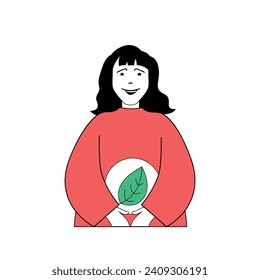 Ecology concept with cartoon people in flat design for web. Woman protecting plants and leads zero waste life for saving environment. Vector illustration for social media banner, marketing material.