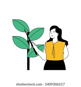 Ecology concept with cartoon people in flat design for web. Woman protecting green plants and trees, trying to stop climate change. Vector illustration for social media banner, marketing material.