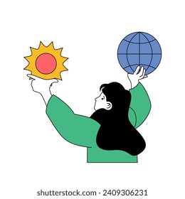 Ecology concept with cartoon people in flat design for web. Eco friendly woman protecting earth planet and using renewable resources. Vector illustration for social media banner, marketing material.