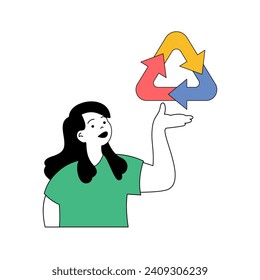 Ecology concept with cartoon people in flat design for web. Woman leads zero waste lifestyle, sorts garbage for recycling and reuse. Vector illustration for social media banner, marketing material.