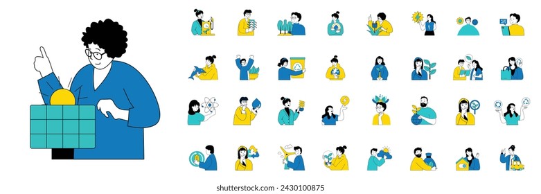 Ecology concept with character situations mega set in flat web design. Bundle of scenes people using alternative energy sources, saving planet and nature, recycling waste. Vector illustrations.