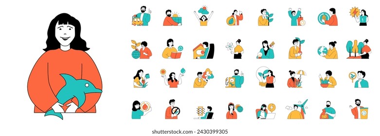 Ecology concept with character situations mega set in flat web design. Bundle of scenes people using alternative energy, saving planet from climate change, protecting ecosystems. Vector illustrations.