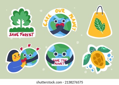 Ecology concept. Collection of cartoon stickers. Save the planet. Stop plastic. Vector illustration.