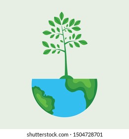 Ecology concept, Creative drawing on global environment, the green silhouette of a tree on the globe, Vector illustration modern design template