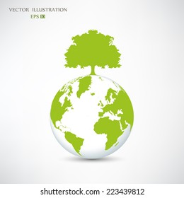 Ecology concept, Creative drawing on global environment, the green silhouette of a tree on the globe, Vector illustration modern design template