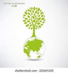 Ecology concept, Creative drawing on global environment, the green silhouette of a tree on the globe, Vector illustration modern design template