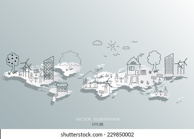 Ecology concept, Creative drawing on global environment with happy family stories concept idea, Vector illustration modern design template