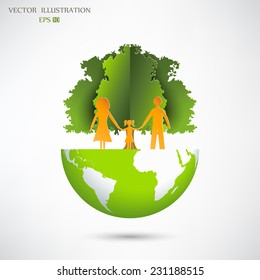 Ecology concept, Creative drawing on global environment with happy family stories concept idea, Vector illustration modern design template