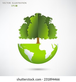 Ecology concept, Creative drawing on global environment, the green silhouette of a tree on the globe, Vector illustration modern design template