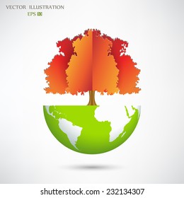 Ecology concept, Creative drawing on global environment,  orange  tree on the globe, Vector illustration modern design template