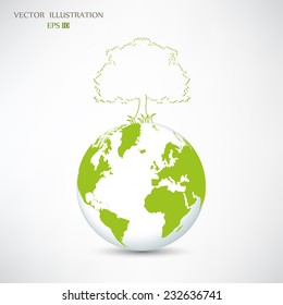 Ecology concept, Creative drawing on global environment, the green silhouette of a tree on the globe, Vector illustration modern design template