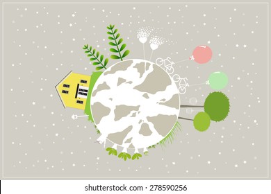 Ecology concept. Creative drawing on global environment with happy family stories concept idea. Vector illustration 