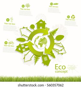 Ecology concept, creative drawing on the global environment, green trees and houses on the globe, vector illustration modern template design. Background