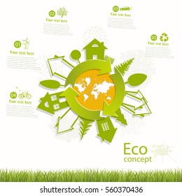 Ecology concept, creative drawing on the global environment, green trees and houses on the globe, vector illustration modern template design. Background