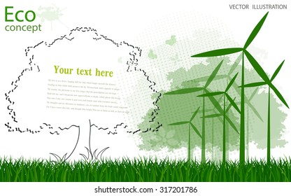 Ecology concept, creative drawing of the tree and the windmill on the grass. Environmentally friendly world. Vector illustration of modern design. To paste the text