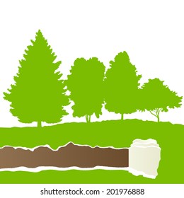 Ecology concept detailed forest tree illustration vector background card concept with  ripped paper copy space