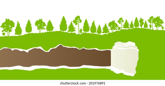 Ecology concept detailed forest tree illustration vector background card concept with  ripped paper copy space