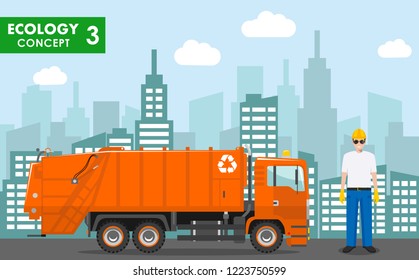 Ecology concept. Detailed illustration of garbage man in uniform and garbage truck on modern cityscape background in flat style. Vector illustration.