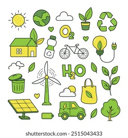 Concepto de la ecología doodle aislado sobre fondo blanco