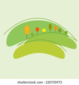 Ecology concept with earth and colorful autumn trees and meadows on picturesque hells. Logo template isolated on light green background