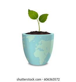 Ecology concept. Earth Day, World environmen day, Save the Earth or Green day. Vector background with sprout in a flower pot with a print of the Earth, isolated on white background. EPS10.