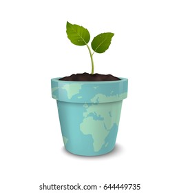 Ecology concept. Earth Day, World environment day, Save the Earth or Green day. Vector background with sprout in a flower-pot with a print of the Earth, isolated on white background. EPS10.
