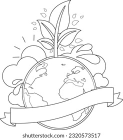 Ecology concept of Earth globe growing a healthy tree, the sun, water and clouds. Blank banner to fill in text. Vector black and white coloring page.