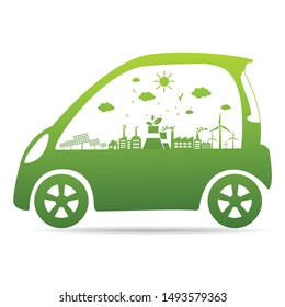 Ecology concept with eco car Environmental Cityscape Concept,Car Symbol With Green Leaves Around Cities Help The World With Eco-Friendly Idea