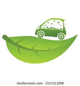 Ecology concept with eco car Environmental Cityscape Concept,Car Symbol With Green Leaves Around Cities Help The World With Eco-Friendly Idea
