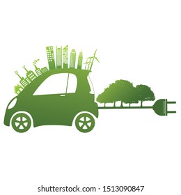 Ecology concept with eco car Environmental Cityscape Concept,Car Symbol With Green Leaves Around Cities Help The World With Eco-Friendly Idea