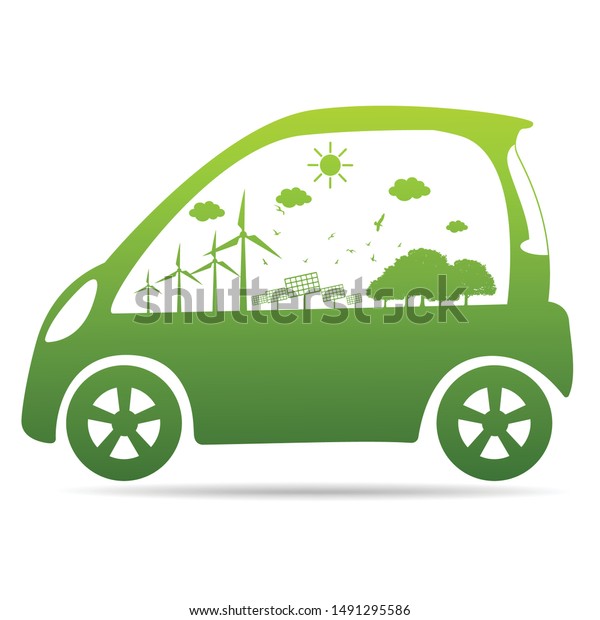 Ecology concept with eco car Environmental\
Cityscape Concept,Car Symbol With Green Leaves Around Cities Help\
The World With Eco-Friendly\
Idea.