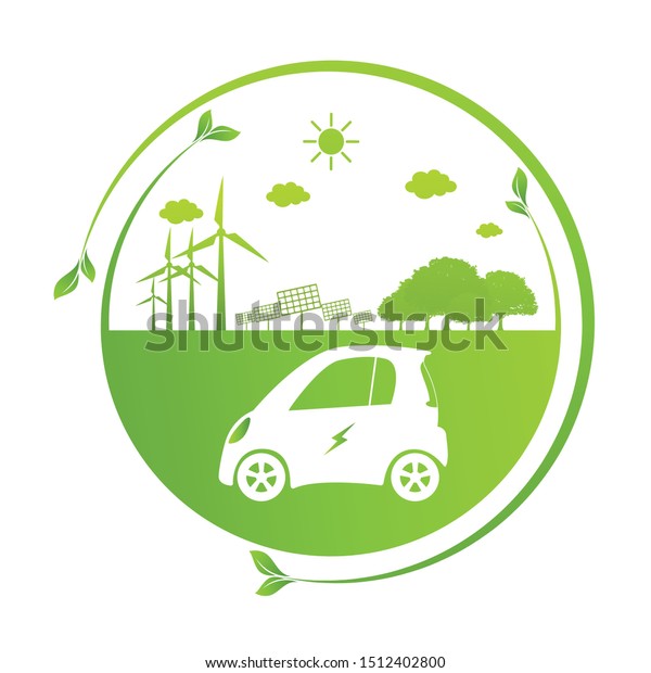 Ecology concept with eco car Environmental Cityscape\
Concept,Car Symbol With Green Leaves Around Cities Help The World\
With Eco-Friendly Idea
