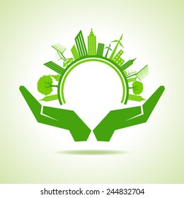 Ecology Concept - eco cityscape with hand stock vector