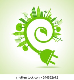 Ecology Concept - eco cityscape with leaf and electric plug stock vector