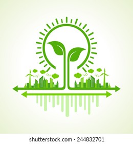 Ecology Concept - eco cityscape with leaf and bulb stock vector