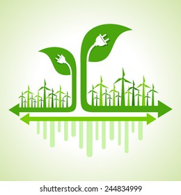 Ecology Concept - eco cityscape with leaf and electric plug stock vector
