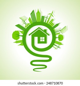 Ecology concept - eco cityscape with light-bulb and home icon stock vector