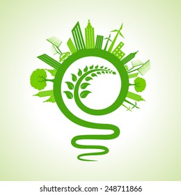 Ecology concept - eco cityscape with light-bulb and leaf icon stock vector