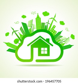 Ecology concept with eco clouds-cape and home vector illustration 