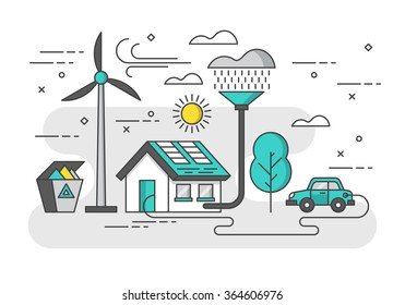 Ecology Concept With Eco Friendly House And Green Energy. Modern Thin Line Vector Illustration