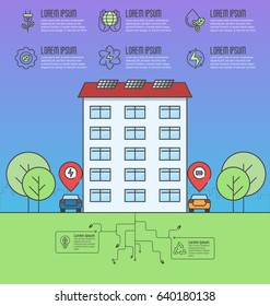 Ecology concept with eco friendly house, cars and green energy. Save the planet. Flat vector illustration