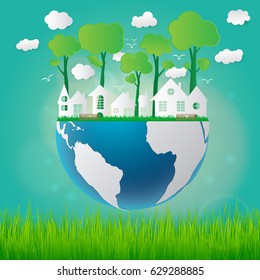 Ecology concept eco friendly and save the earth with grass and sun. vector illustration.