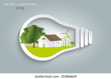 Ecology concept. Eco house and trees in the light bulb. Vector Illustration modern template design