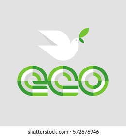 Ecology concept with eco lettering and flying white peace dove with olive leaf on gray background