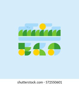 Ecology concept with eco lettering and stylized nature landscape